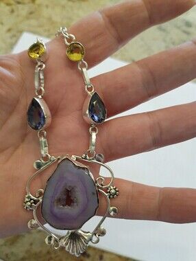 Gorgeous Druzy Geod Purple Agate Slice W Periwinkle& Yellow Stone Necklace